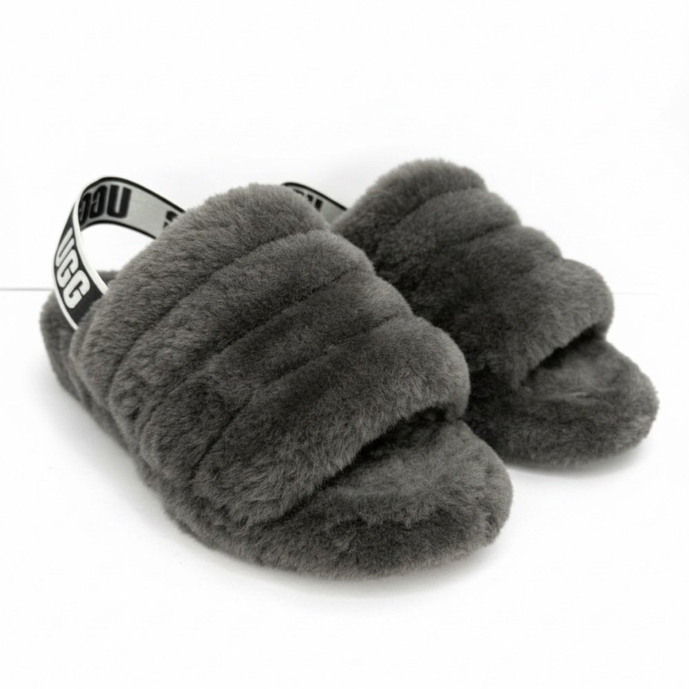 UGG Fluff Yeah Genuine Shearling Slingback Charcoal Fluffy Slides Sz 8‎ Comfy